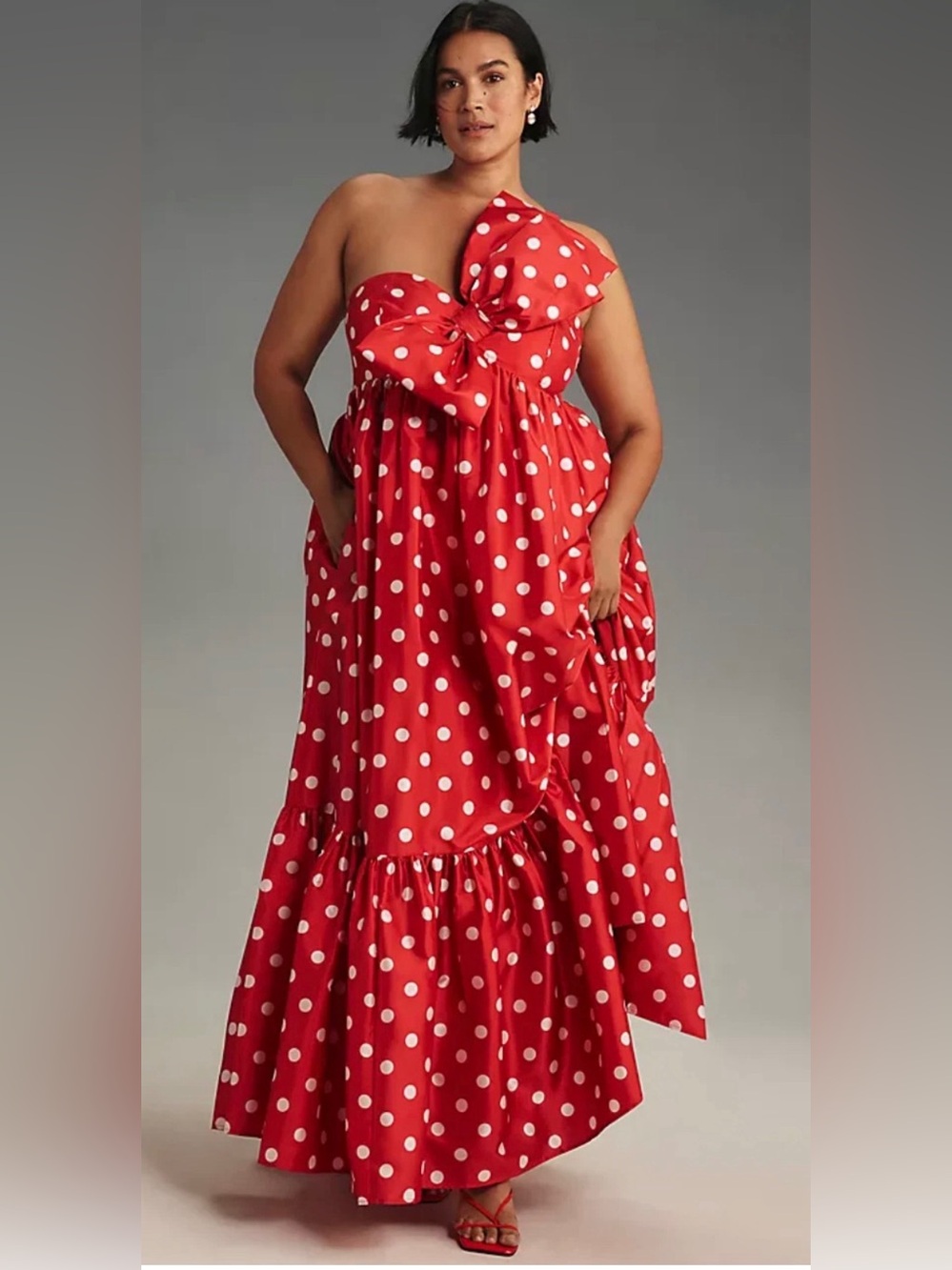 Anthropologie Atsu Sally Bow Red Polka Dot One-Shoulder Maxi Dress size M